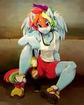  anthro anthrofied blue_fur clothing equine eyewear female friendship_is_magic fur goggles hair jeniac jewelry mammal multi-colored_hair my_little_pony necklace pegasus rainbow_dash_(mlp) rainbow_hair shirt shorts sneakers solo tomboy wings 