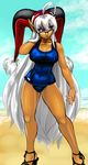  ahoge breasts dark_skin elazuls-core elf eyeshadow glasses green_eyes hat high_heels huge_ahoge jester_cap large_breasts long_hair makeup one-piece_swimsuit phantasy_star phantasy_star_universe pointy_ears school_swimsuit shoes solo swimsuit very_long_hair white_hair 