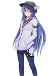  adapted_costume blue_hair contemporary denim food fruit hands_in_pockets hat hinanawi_tenshi jacket jeans light_smile long_hair pants peach red_eyes simple_background solo tama_(tama-s) touhou white_background 