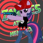 crossover epic_game equine female friendship_is_magic game gun hat horse low_res mammal my_little_pony photoshop pony ranged_weapon shirt skull skunkix soda twilight_sparkle_(mlp) water_gun weapon zombies_ate_my_neighbors zombies_ate_my_neightbors 