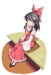  black_hair bow cup detached_sleeves grey_eyes hair_bow hair_tubes hakurei_reimu highres iwatobi_hiro long_hair mary_janes shoes sitting smile solo touhou 