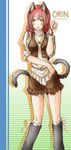  alternate_costume animal_ears apron blush cat_ears cat_tail character_name collarbone green_eyes jewelry kaenbyou_rin kemu_inu leg_warmers looking_at_viewer necklace pendant red_hair short_sleeves skirt solo standing tail touhou vest waist_apron 
