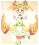  :d blush choker club cure_rosetta dokidoki!_precure glowing green_choker light long_hair open_mouth orange_eyes orange_hair outstretched_arms outstretched_hand precure smile solo twintails wara_(warapro) weapon yotsuba_alice 