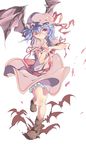  arm_ribbon bat bat_wings blue_hair boots dress finger_to_mouth full_body hat hat_ribbon kan_(tyonn) one_eye_closed pink_dress puffy_sleeves red_eyes remilia_scarlet ribbon sash short_sleeves simple_background solo standing standing_on_one_leg touhou white_background wings 
