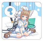  ? android animal_ears bad_id bad_pixiv_id between_legs blue_eyes blue_sailor_collar blush brown_hair cable computer dress hand_between_legs holographic_interface holographic_monitor mizuno_mumomo on_floor original personification sailor_collar shoes sitting socks solo thought_bubble wariza zipper 