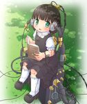  android bangs black_dress black_hair blunt_bangs blush book cable dress gears grass green_eyes heart jewelry looking_at_viewer mizuno_mumomo necklace open_mouth original puffy_short_sleeves puffy_sleeves reading robot_joints shoes short_hair short_sleeves socks solo 