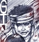  1boy blood character_name earrings east_blue gin_(one_piece) graphite_(medium) headband injury jewelry male male_focus monochrome one_piece rhymee solo tongue traditional_media 