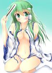  bare_shoulders blush breasts detached_sleeves frog_hair_ornament gohei green_eyes green_hair hair_ornament hair_tubes kochiya_sanae kuzumomo long_hair medium_breasts navel no_bra no_pants open_clothes open_shirt panties shirt sitting sleeves_past_wrists smile snake_hair_ornament solo touhou underwear wariza white_panties 