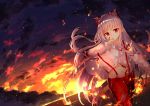  1girl arm_up bandaid bandaid_on_face bangs bow burning_clothes commentary_request cowboy_shot dutch_angle embers eyebrows_visible_through_hair fire fujiwara_no_mokou hair_bow hair_ribbon hand_on_own_chin long_hair long_sleeves looking_at_viewer midriff navel night night_sky ofuda outdoors pants parted_lips red_eyes red_pants ribbon sakipsakip shirt silver_hair sky smile smoke solo star_(sky) starry_sky suspenders touhou tress_ribbon very_long_hair white_shirt 