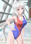  adapted_costume blue_eyes blurry braid breasts cleavage competition_swimsuit depth_of_field hand_on_hip hand_on_thigh indoors large_breasts light_rays long_hair one-piece_swimsuit pool poolside rei_no_pool silver_hair smile sparkle sunbeam sunlight swimsuit tamafuru touhou wet wet_clothes window yagokoro_eirin 