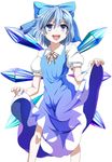  absurdres bad_id bad_pixiv_id blue_dress blue_eyes blue_hair bow cirno dress dress_lift e.o. hair_bow highres open_mouth short_hair smile solo touhou wings 