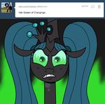  2013 ask_crinkle_bottom_chrysalis changeling clothing crinklebottomchrysalis dialog diaper english_text equine eyes_closed fangs female feral fire friendship_is_magic frown green_eyes green_hair hair horn horse mammal my_little_pony pony portrait queen_chrysalis queen_chrysalis_(mlp) simple_background solo text tumblr twintails 