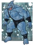  abs anthro bicep biceps big_muscles black_sclera blue_skin bulge claws fangs fin fish houndgrey male marine muscles open_mouth pecs plantigrade pose red_eyes scales shark sharp_teeth solo standing teeth toe_claws toned tongue topless wrestler wrestling_singlet wristband 