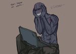  =_= abs bald black_skin blush closed_eyes computer fullmetal_alchemist greed hands_on_own_face happy laptop male_focus muscle panties_(pantsu-pirate) shirtless sitting solo 