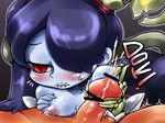  blue_hair blue_skin blush breasts censored cum ejaculation hair_over_one_eye handjob hetero lactation leviathan_(skullgirls) long_hair looking_away medium_breasts nekoyuu nipples nude penis red_eyes side_ponytail skullgirls squigly_(skullgirls) stitched_mouth stitches tears zombie 