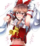  armpits arms_up ascot bad_id bad_pixiv_id bandages blush bow brown_eyes brown_hair detached_sleeves e.o. hair_bow hair_tubes hakurei_reimu highres navel open_mouth short_hair solo tears touhou trembling 