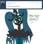  2013 ask_crinkle_bottom_chrysalis changeling crinklebottomchrysalis dialog diaper english_text equine fangs female feral friendship_is_magic green_eyes green_hair hair holes horn looking_at_viewer mammal my_little_pony queen_chrysalis queen_chrysalis_(mlp) solo text tumblr twintails 