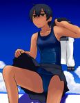  :&lt; black_hair bored brown_eyes cloud day lvi one-piece_swimsuit original school_swimsuit school_uniform short_hair sitting skirt sky solo sweat swimsuit tan undressing 