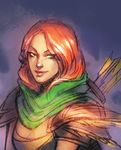  arrow artist_request cleavage_cutout defense_of_the_ancients dota_2 green_eyes green_scarf jewelry long_hair lyralei nose_piercing orange_hair piercing quiver scarf shoulder_pads smile solo 