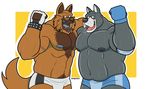  abs anthro biceps big_muscles canine chest_tuft clothing dane dog duo fur gloves great_dane hound hound_(character) houndgrey male mammal muscles nipples oso pecs pose pro shorts sweat teeth tuft wrestler 