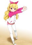  :o aikatsu! aikatsu!_(series) alternate_hairstyle blonde_hair hair_ribbon hairband hoshimiya_ichigo interlocked_fingers long_hair low_twintails mattaku_mousuke red_eyes ribbon shoes solo stretch sweatdrop track_suit twintails 