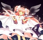  ahoge b.s bow choker dress dress_lift hair_bow kaname_madoka long_hair mahou_shoujo_madoka_magica pink_hair smile solo spoilers two_side_up ultimate_madoka wings yellow_eyes 