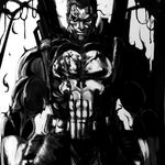  bad_id bad_pixiv_id bazooka belt blood body_hair bodysuit cannon crazy_eyes gloves greyscale gun injury looking_at_viewer machine_gun male_focus manly marvel monochrome muscle punisher rifle san_waribiki skull solo the_punisher torn_clothes vest weapon you_gonna_get_raped 