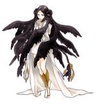  ankle_wrap barefoot barefoot_sandals black_hair black_wings braid circlet crying double_bun dress head_wings jewelry long_hair multiple_wings original robe solo toe_ring transparent_background twin_braids twintails very_long_hair wings yooani 
