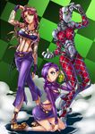  blue_eyes diavolo genderswap genderswap_(mtf) green_eyes highres jojo_no_kimyou_na_bouken king_crimson_(stand) lipstick long_hair makeup midriff multiple_girls phone pink_hair ponytail purple_hair ryuusei_(mark_ii) sandals stand_(jojo) vento_aureo vinegar_doppio 