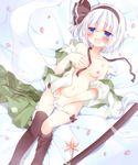  bad_id bad_pixiv_id black_hairband black_legwear blue_eyes blush breasts hairband konpaku_youmu konpaku_youmu_(ghost) lying masturbation medium_breasts mogu_(au1127) navel nipples no_pants off_shoulder on_back open_clothes open_mouth open_shirt panties scabbard sheath sheathed shirt short_hair silver_hair skirt skirt_removed solo sword thighhighs touhou underwear weapon white_panties 