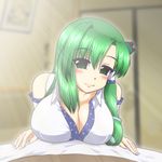  bare_shoulders breast_rest breasts cleavage detached_sleeves face frog_hair_ornament green_eyes green_hair hair_ornament hair_tubes highres kingindou_yumeji kochiya_sanae large_breasts looking_at_viewer open_clothes smile snake solo touhou upper_body 