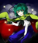  adapted_costume antennae arm_up bug cape firefly gloves green_eyes green_hair grey_background insect long_sleeves looking_at_viewer ninamo open_mouth pants scarf short_hair sitting solo touhou wriggle_nightbug 