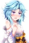  absurdres bare_shoulders blue_eyes blush e.o. highres kesa kumoi_ichirin no_hat no_headwear off_shoulder open_mouth purple_eyes short_hair solo touhou 