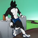  akita anthro biceps black_fur blue_eyes canine clothing dog footwear fur looking_at_viewer male mammal muscles outside pecs pose shoes shorts sneakers solo standing tongue topless trainers white_fur 