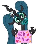  2013 ask_crinkle_bottom_chrysalis changeling crinklebottomchrysalis english_text female feral friendship_is_magic green_eyes green_hair hair holes horn my_little_pony pacifier plain_background queen_chrysalis queen_chrysalis_(mlp) solo text twintails white_background 