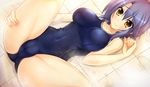  1girl artist_request atelier_kaguya bangs blue_hair blue_swimsuit blush breasts breasts_apart cameltoe character_request covered_navel cowboy_shot dutch_angle fingernails from_above frown game_cg hand_on_thigh impossible_clothes impossible_swimsuit indoors large_breasts long_fingernails looking_at_viewer lying manaka_marina mero on_back on_floor one-piece_swimsuit parted_bangs school_swimsuit short_hair solo source_request sperman_-sono_fukushuu_no_maku_wo_yabure!!- spread_legs swimsuit thighs tile_floor tiles water wet wide_hips yellow_eyes 