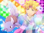  blonde_hair blue_jacket bubble caesar_anthonio_zeppeli colorful crossover facial_mark gen_1_pokemon green_eyes head_wings headband jacket jojo_no_kimyou_na_bouken pokemon pokemon_(creature) scarf sekai7424 wartortle 