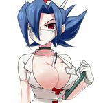  between_breasts blue_hair breasts bursting_breasts choker cleavage clipboard eyepatch gloves hat holding large_breasts looking_at_viewer name_tag nurse nurse_cap pen red_eyes shimomoto simple_background skullgirls solo tight valentine_(skullgirls) white_background white_gloves 