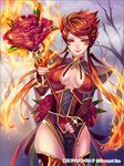  bad_id bad_pixiv_id breasts choker cleavage fire flower large_breasts long_hair matsurika_youko red_eyes red_hair rose smile solo soukyuu_dragon_guild staff twintails 