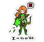  arrow artist_request bow_(weapon) cleavage_cutout defense_of_the_ancients dota_2 green_eyes leaf long_hair lowres lyralei red_hair shoulder_pads smile solo text_focus weapon 