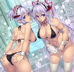  :o apron ass ass_grab bare_shoulders bikini breasts butt_crack cleavage detached_collar grabbing_own_ass highres horns houtengeki large_breasts long_hair looking_at_viewer looking_back maid_bikini maid_headdress multiple_girls navel original pointy_ears purple_eyes purple_hair short_hair short_twintails sideboob skindentation smile strap_gap swimsuit thighhighs twintails waist_apron white_legwear wrist_cuffs 