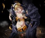  1girl 2boys absurdres blonde_hair brass_knuckles breasts bruise censored collarbone faceless faceless_male hair_grab highres huge_filesize injury kagamine_rin kunai messy_hair mosaic_censoring multiple_boys navel ninja nipples open_mouth panties panty_pull pantyhose pussy restrained ryona saliva tears topless torn_clothes torn_pantyhose tsukishiro_saika underwear vocaloid weapon wince yellow_eyes 