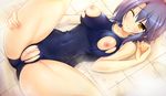  1girl artist_request atelier_kaguya blush breasts censored character_request crotchless game_cg large_breasts lying manaka_marina mero nipples one-piece_swimsuit pussy school_swimsuit short_hair source_request sperman_-sono_fukushuu_no_maku_wo_yabure!!- spread_legs swimsuit tears torn_clothes torn_swimsuit wink yellow_eyes 
