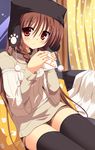  braid bread brown_hair eating food hat highres long_hair original paw_print pillow pillow_hat red_eyes shirasu_youichi shorts solo sweater tenihaba_nana thighhighs twin_braids 