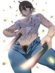  ammunition bad_id bad_pixiv_id bare_shoulders blood breasts brown_hair chequita covered_nipples denim green_eyes highres jeans jormungand large_breasts midriff no_panties pants pubic_hair see-through shirt short_hair solo standing sword tattoo tora_(net1nen) uncensored weapon 