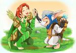  animal_ears artist_request backpack bag cape cleavage_cutout defense_of_the_ancients dota_2 grass lyralei meepo red_hair rock shoulder_pads shovel smile tail 