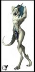  4_toes anthro blue_hair claws digitigrade dragon hair invalid_tag lethal_doors long_legs male mane muscles nipples nude penis plain_background purple_penis scalie solo stretching toes white_background white_body 