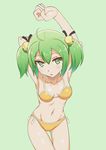  ahoge arm_behind_head armpits arms_up ass_visible_through_thighs bell bikini blush breasts chestnut_mouth cowboy_shot gj-bu green_background green_eyes green_hair hair_bell hair_ornament kannazuki_tamaki katoshigu looking_at_viewer medium_breasts navel orange_bikini short_hair short_twintails simple_background solo stretch swimsuit thigh_gap tsurime twintails 