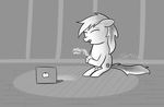  apple_inc. balls braeburn_(mlp) computer cum cumshot cutie_mark digital_media_(art) ears_back eyes_closed feral friendship_is_magic front_view full-length_portrait greyscale hi_res inside laptop male masturbation monochrome my_little_pony open_mouth orgasm penis pornography quadruped side_view sitting solo spotlight stupersketch three-quarter_view wood_floor young 