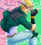  bad_id bad_pixiv_id blonde_hair caesar_anthonio_zeppeli facial_mark feathers fingerless_gloves gloves green_eyes green_jacket headband jacket jojo_no_kimyou_na_bouken male_focus ruruyuma scarf solo 